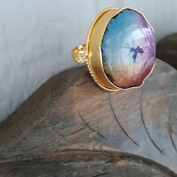 New Gold Plated Rainbow Solar Quartz Stamped Ring. - Picture 4 of 8